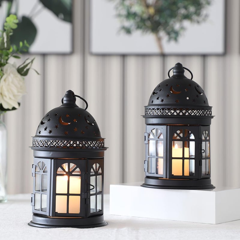 JHY DESIGN Set of 2 Decorative Lanterns-8.5inch High Vintage Style Hanging Lantern Metal Candle Holder for Indoor Outdoor Events Parities and Weddings (Black) - Image 1